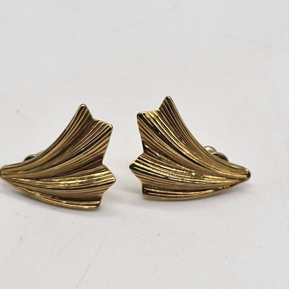 VTG Gold Tone Leaf Fan Wave Earrings Pierced Glam Costume Jewelry - Picture 5 of 6